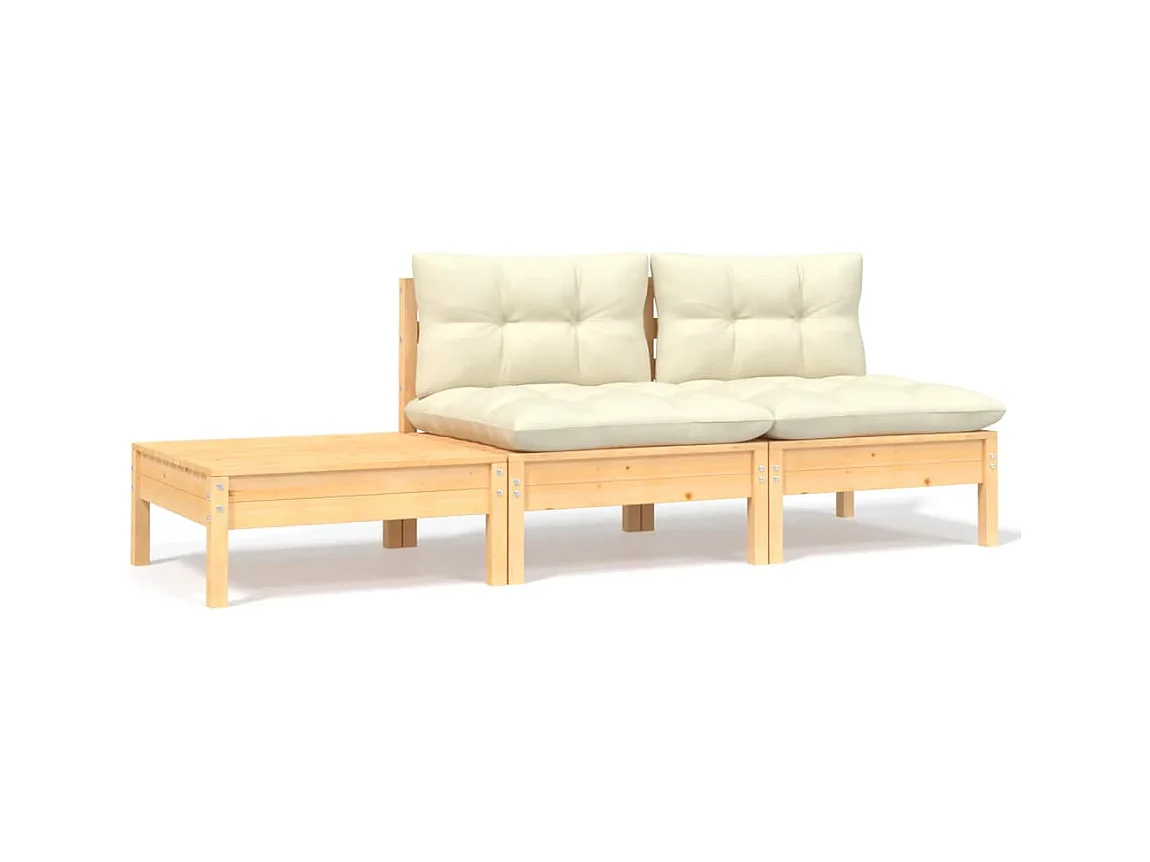 Salon de jardin 3 pcs avec coussins crème Bois de pin massif FR66515