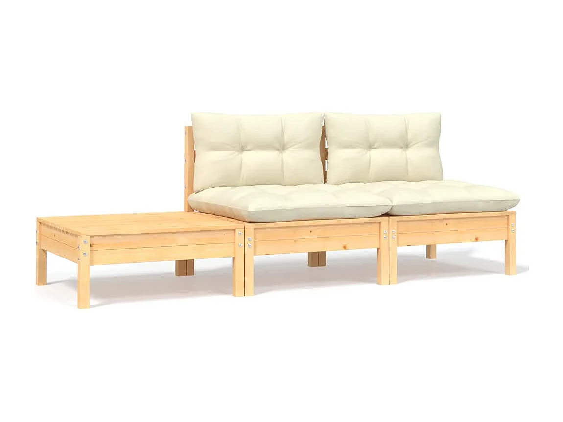 Salon de jardin 3 pcs avec coussins crème Bois de pin massif FR66515