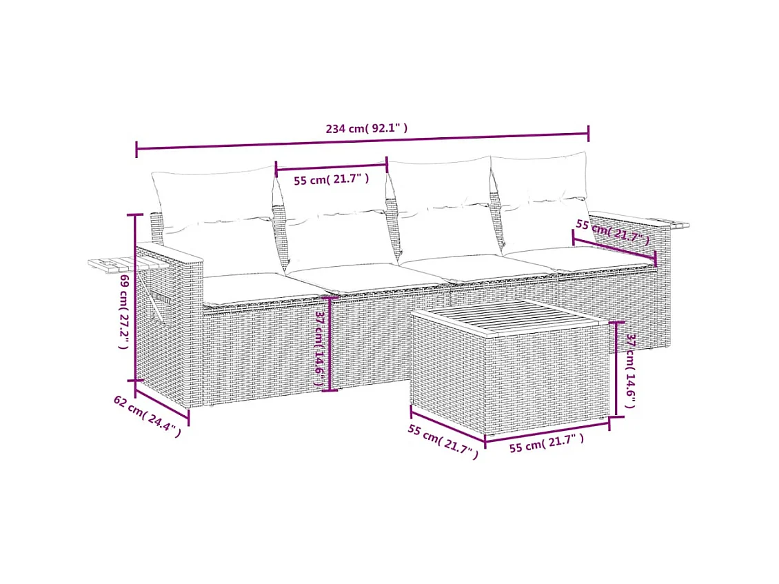 5 pcs conjunto sofás de jardim com almofadões vime PE preto PT733683