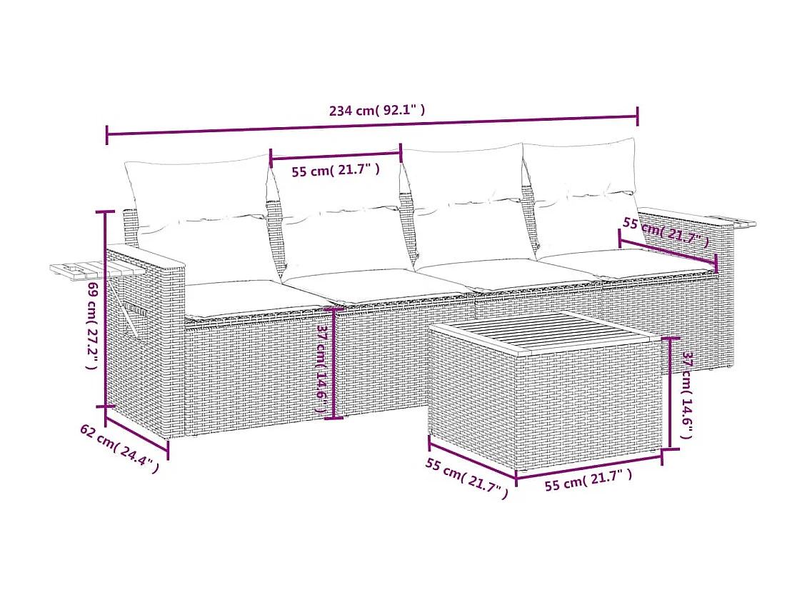 5 pcs conjunto sofás de jardim com almofadões vime PE preto PT733683