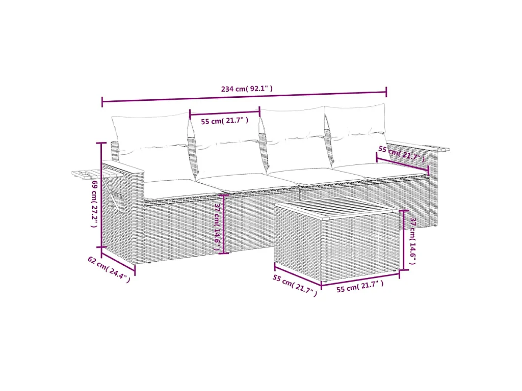 5 pcs conjunto sofás de jardim com almofadões vime PE preto PT733683