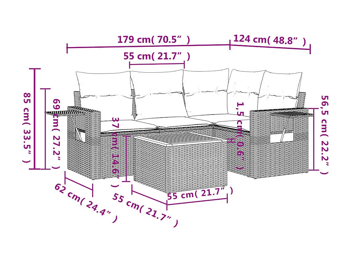 5 pcs conjunto sofás de jardim com almofadões vime PE preto PT147502