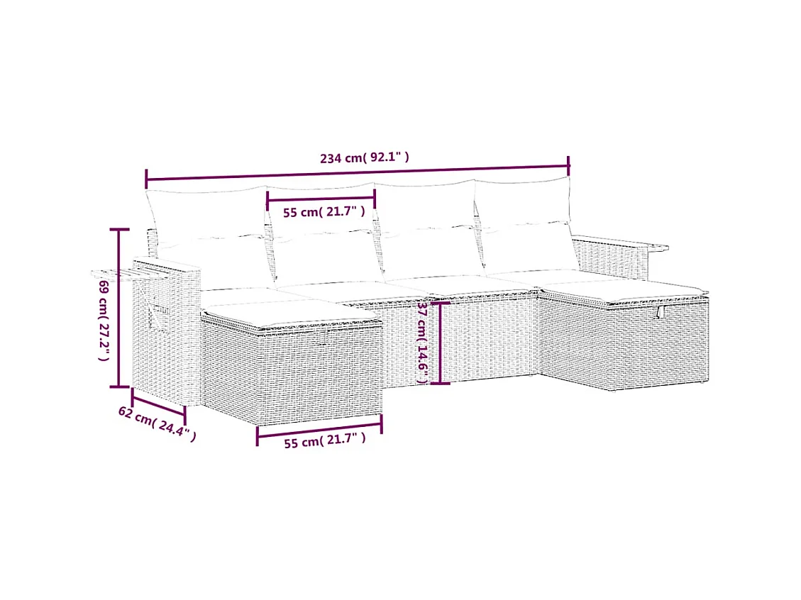 6 pcs conjunto sofás de jardim c/ almofadões vime PE preto PT118696
