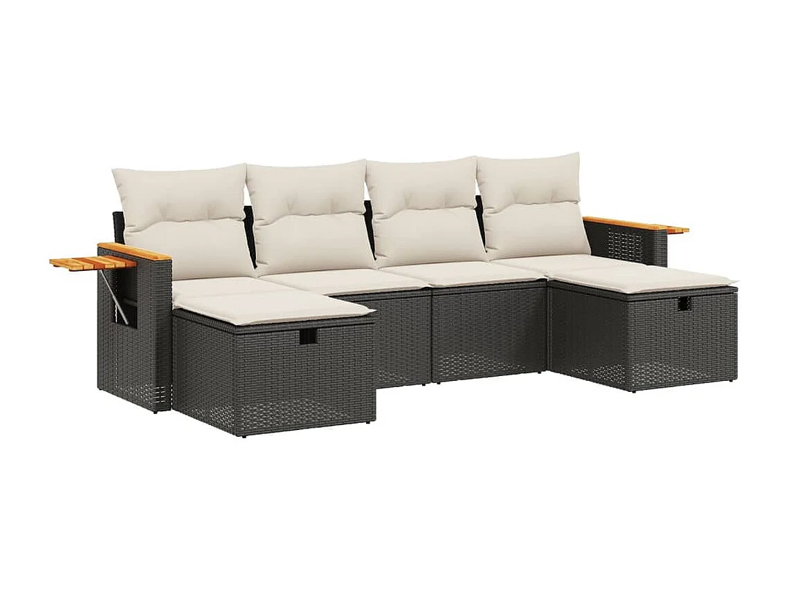 6 pcs conjunto sofás de jardim c/ almofadões vime PE preto PT118696