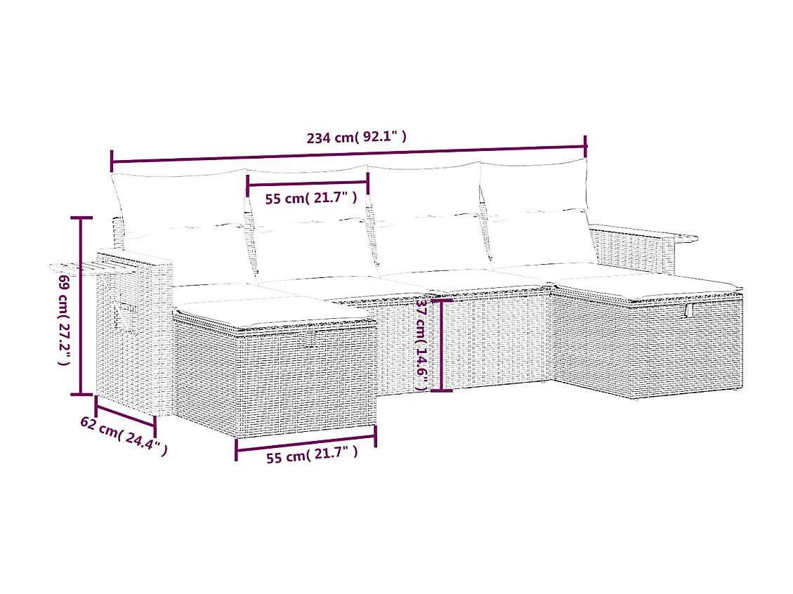 6 pcs conjunto sofás de jardim c/ almofadões vime PE preto PT118696