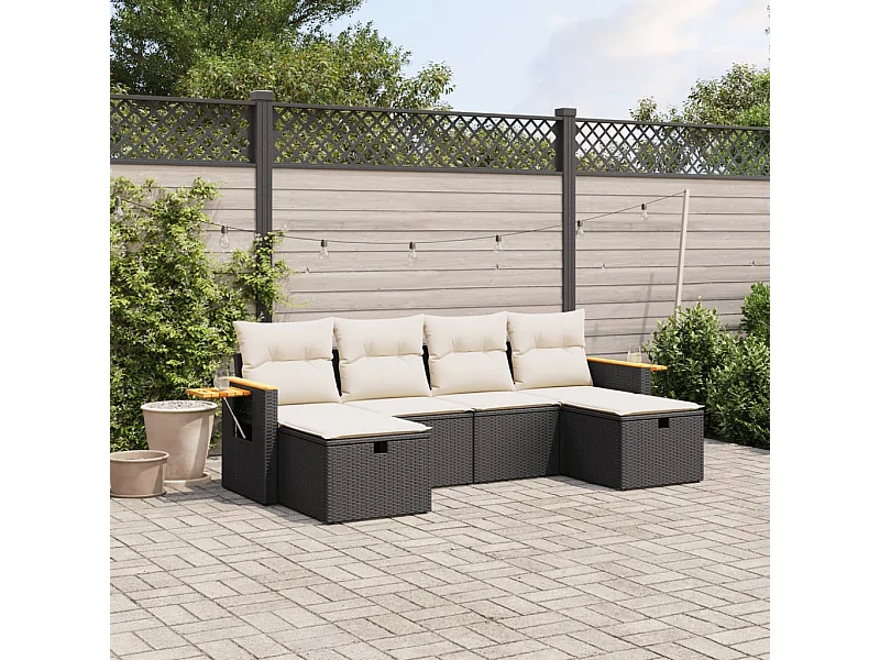 6 pcs conjunto sofás de jardim c/ almofadões vime PE preto PT118696