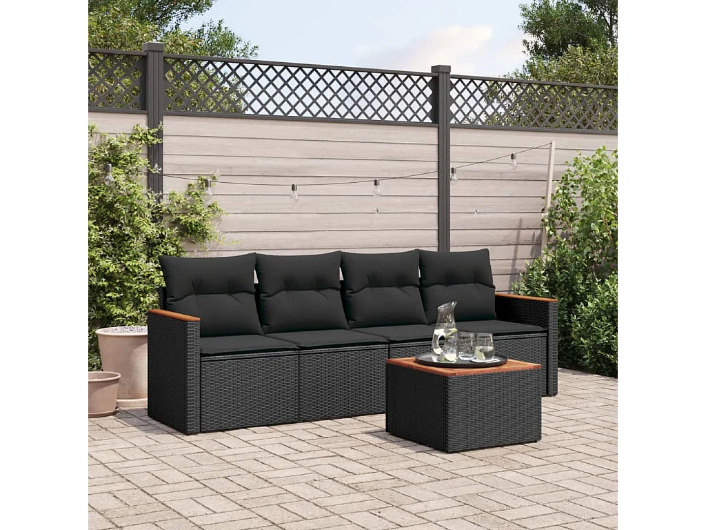 5 pcs conjunto sofás de jardim com almofadões vime PE preto PT926159