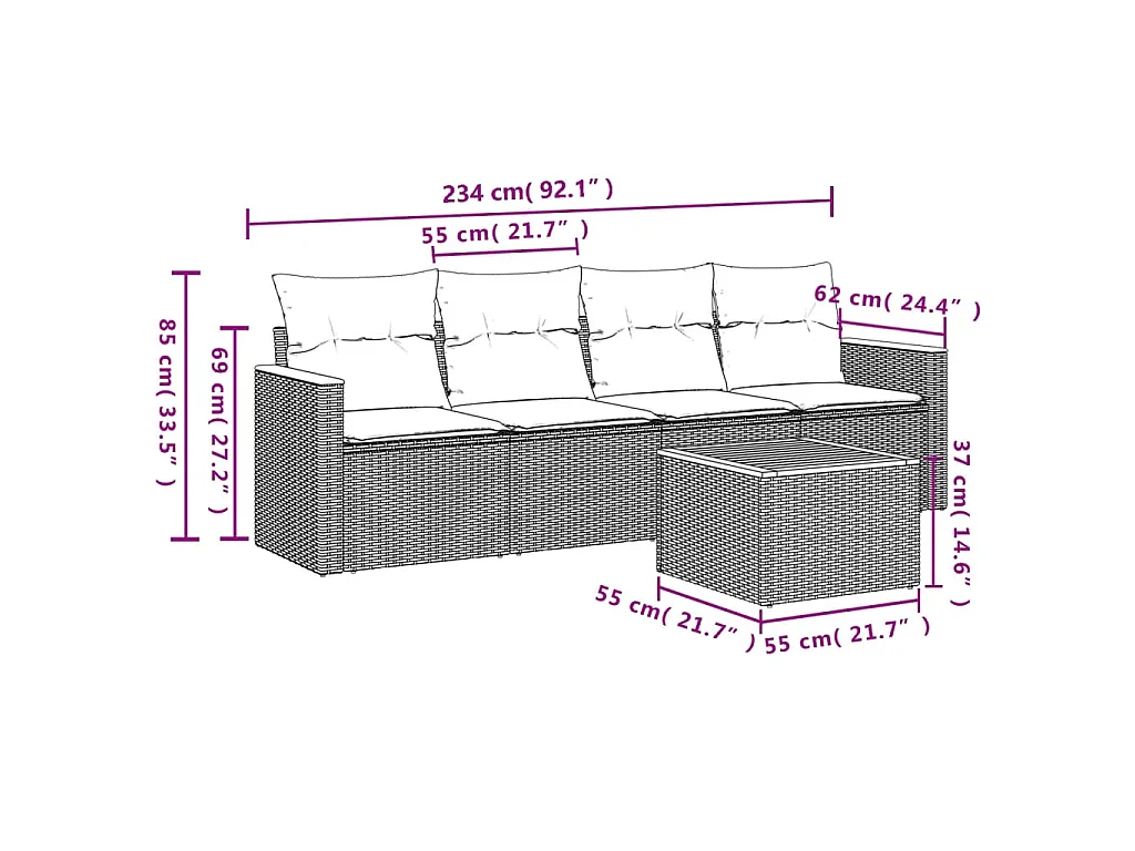 5 pcs conjunto sofás de jardim com almofadões vime PE preto PT926159