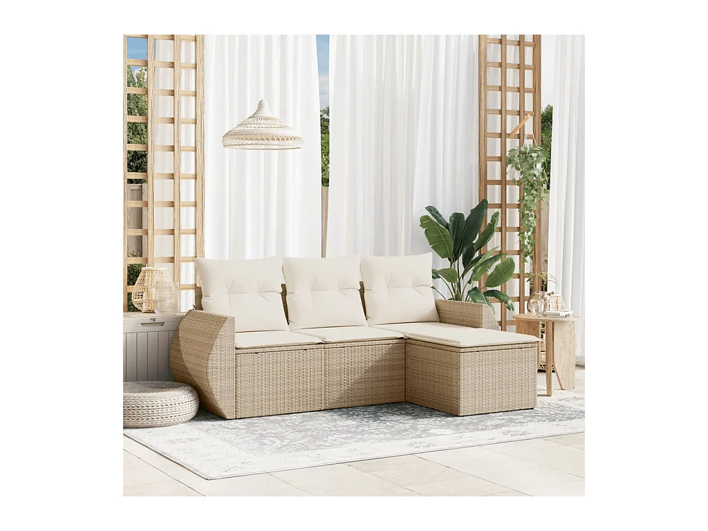 4 pcs conjunto de sofás para jardim c/ almofadões vime PE bege PT967040