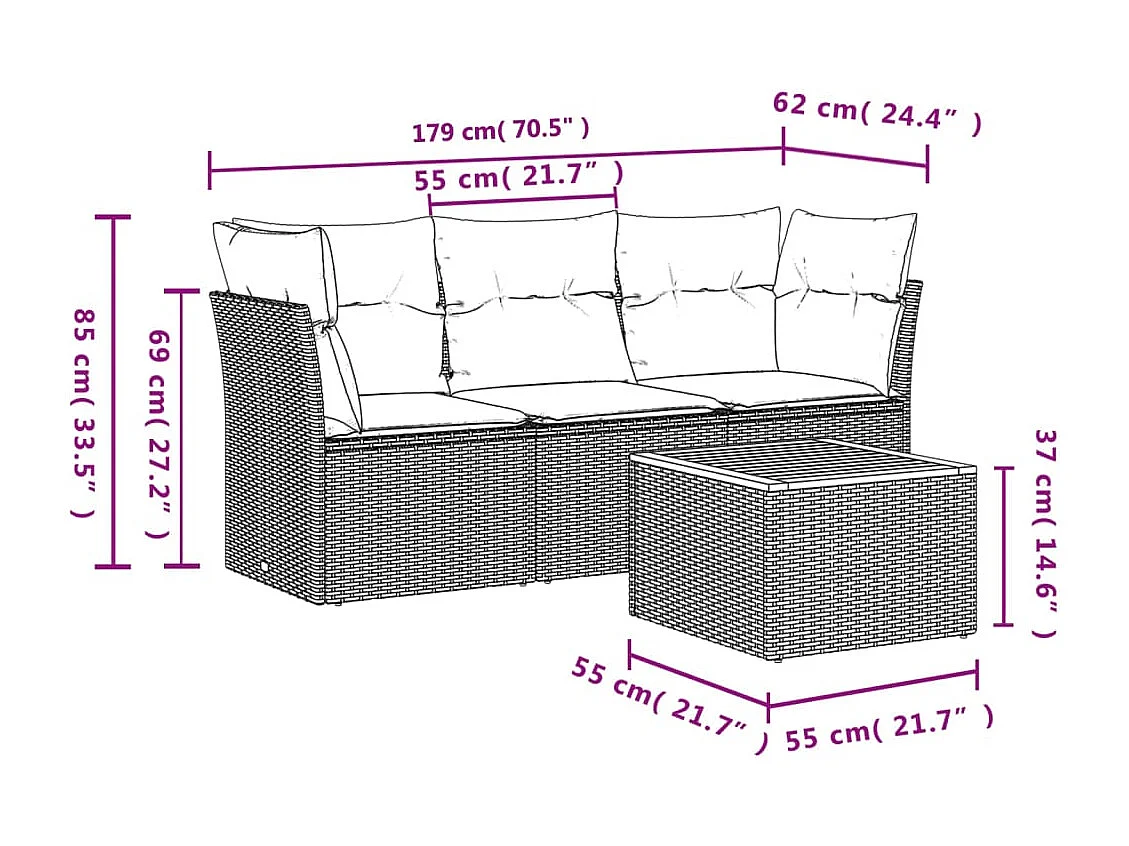 Salon de jardin 4 pcs avec coussins noir résine tressée FR26044