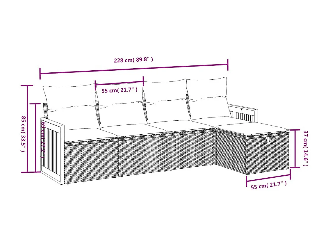 5 pcs conjunto sofás de jardim com almofadões vime PE preto PT391282