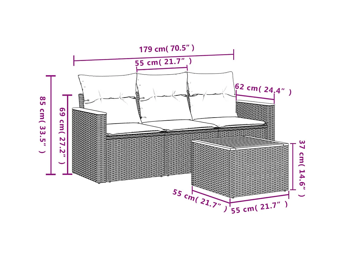Conjunto de jardín 4 pzas y cojines ratán sintético gris ES377637
