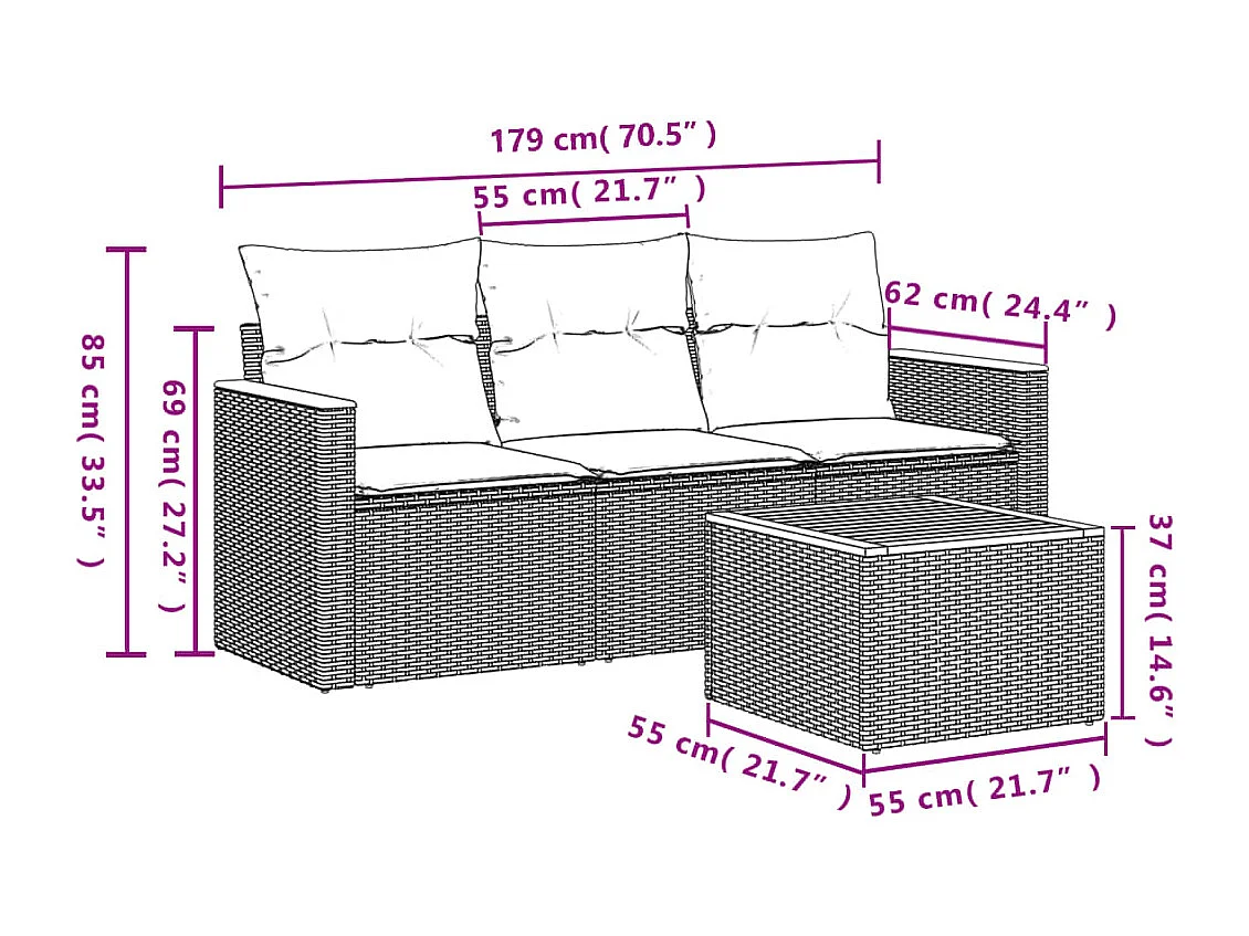 Salon de jardin 4 pcs avec coussins gris résine tressée FR74596
