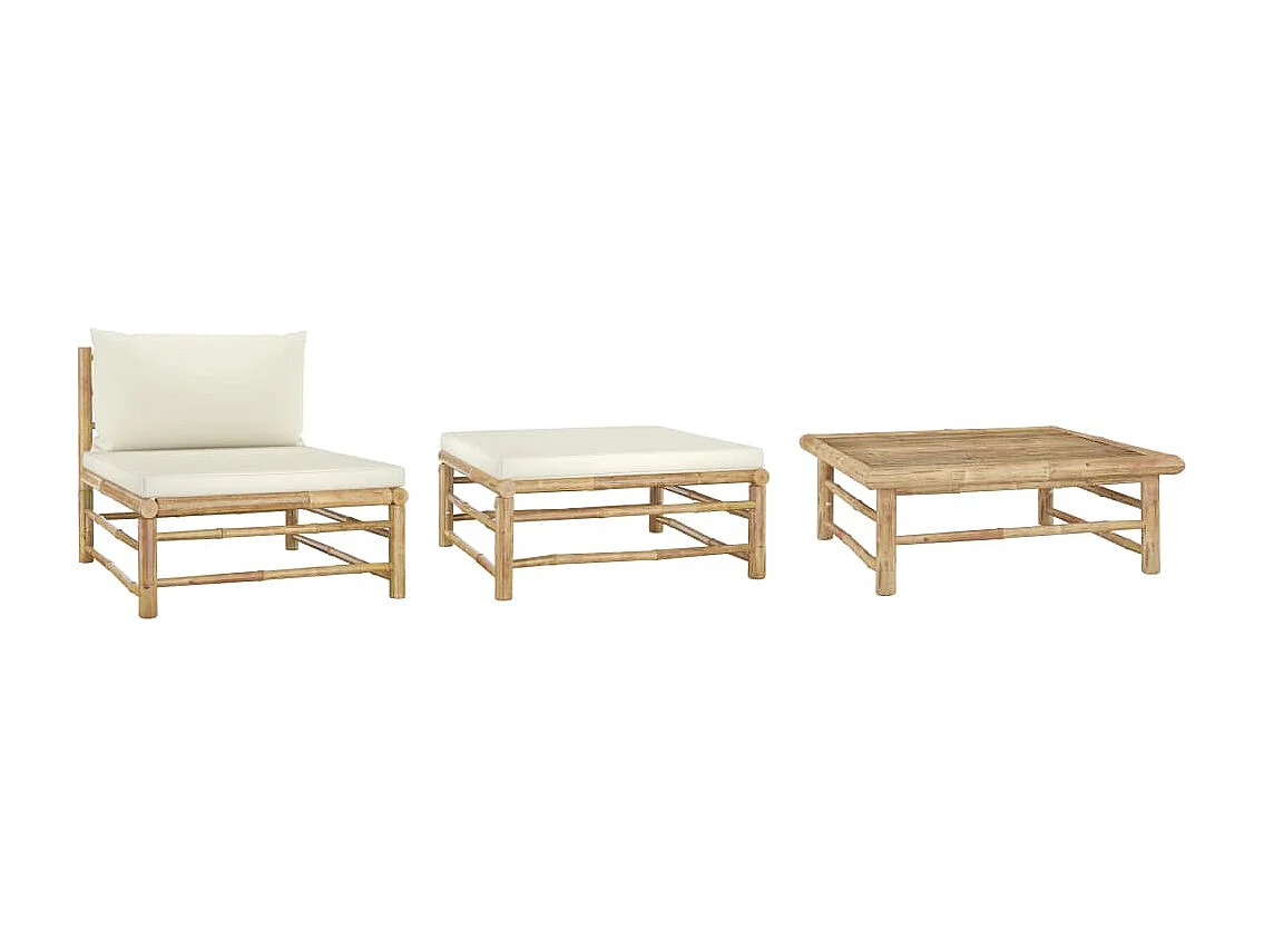 3-delige Loungeset met crèmewitte kussens bamboe BE321039