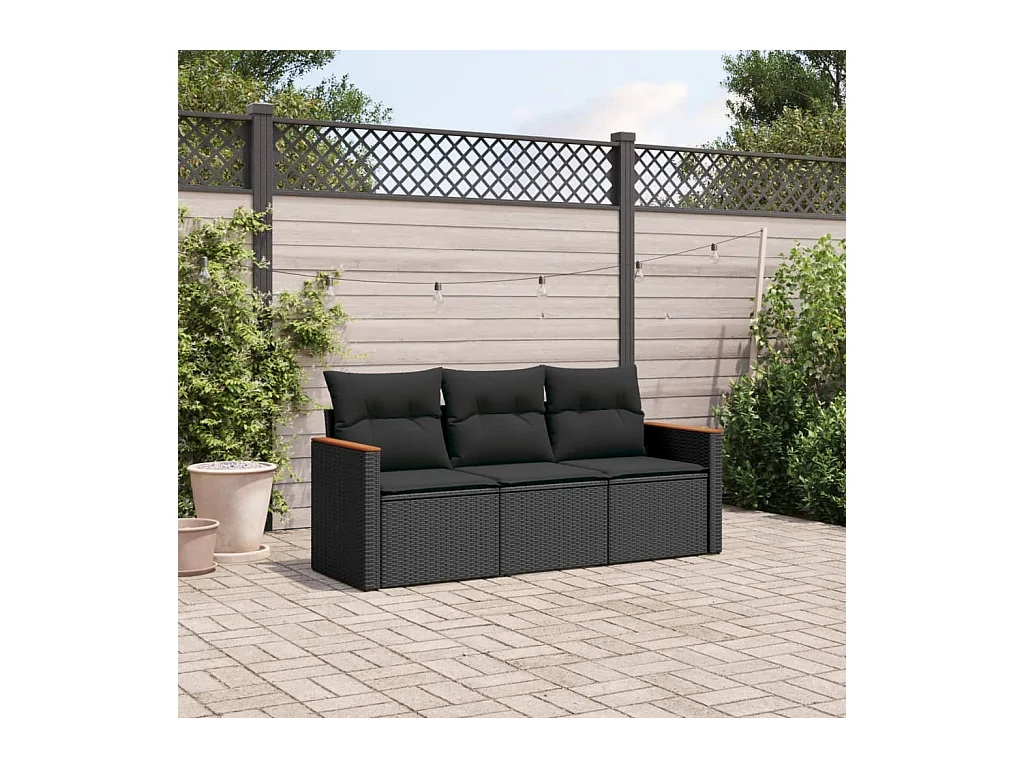 Salon de jardin 3 pcs avec coussins noir résine tressée FR39459