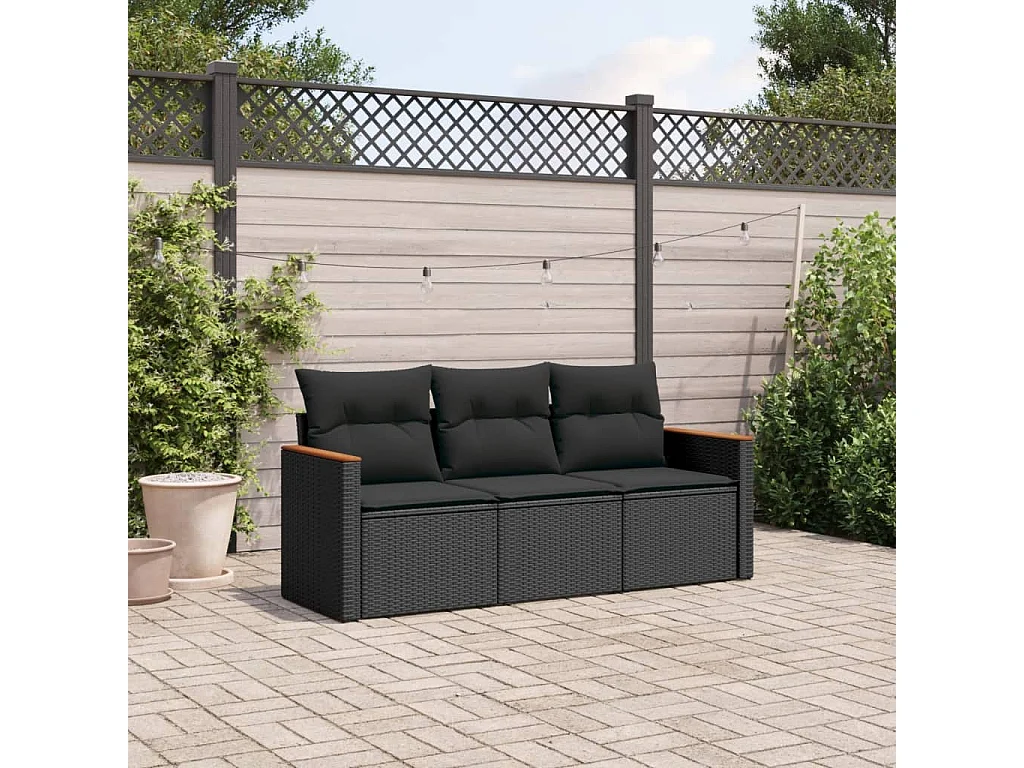 3 pcs conjunto sofás de jardim com almofadões vime PE preto PT736066