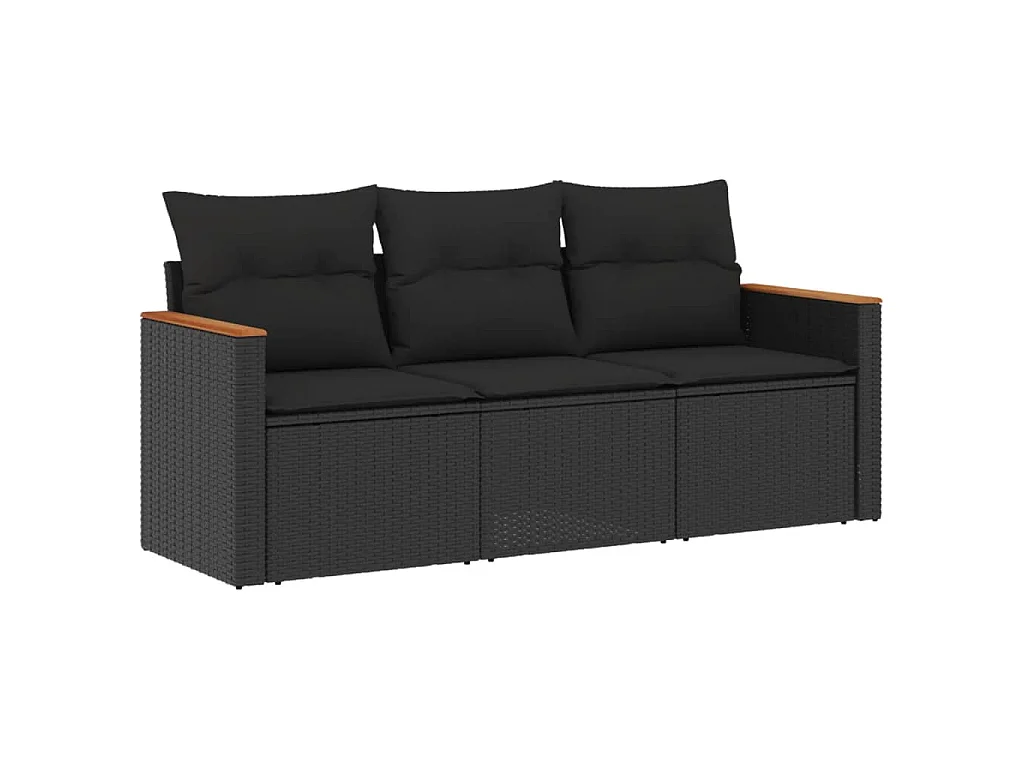 3 pcs conjunto sofás de jardim com almofadões vime PE preto PT736066