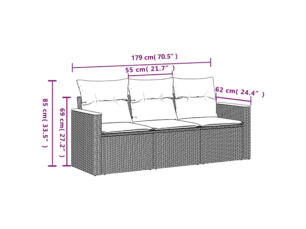 3 pcs conjunto sofás de jardim com almofadões vime PE preto PT736066