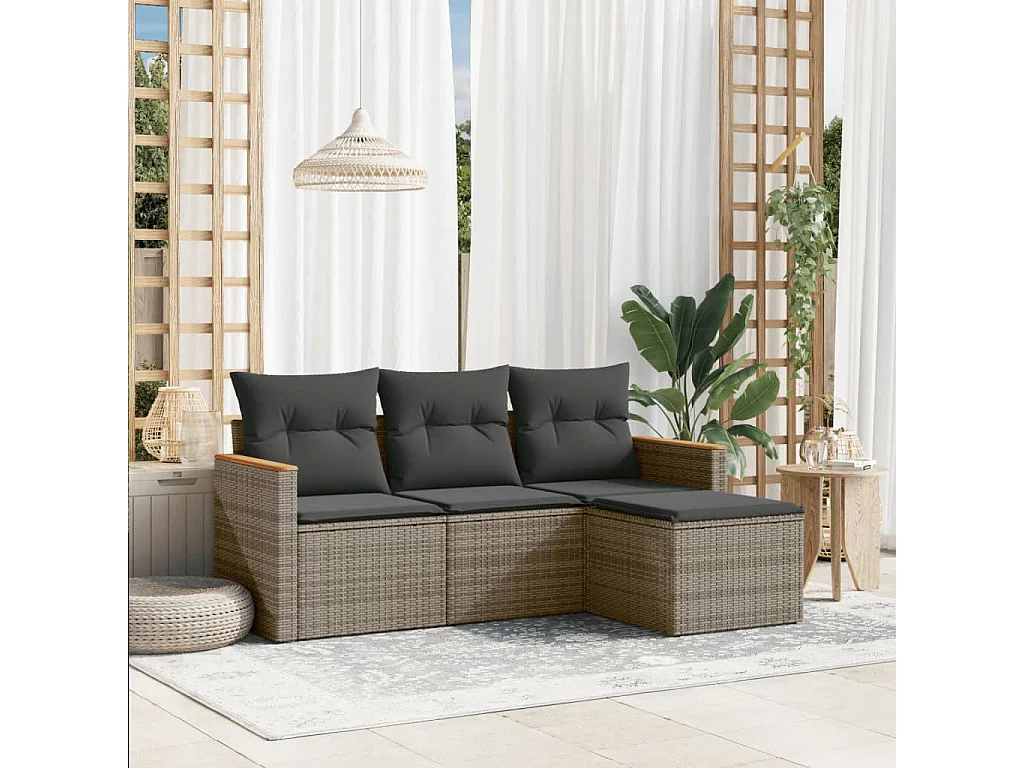 Salon de jardin 4 pcs avec coussins gris résine tressée FR93646