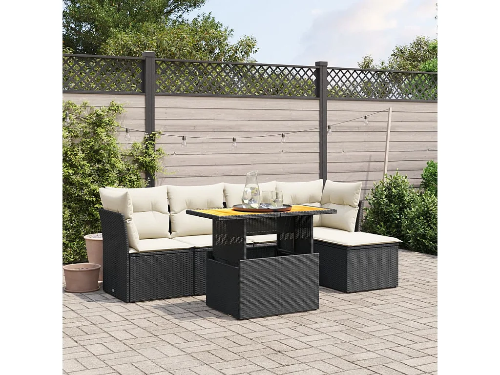 6 pcs conjunto sofás de jardim c/ almofadões vime PE preto PT341857