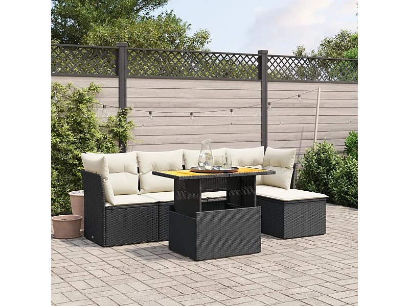 6 pcs conjunto sofás de jardim c/ almofadões vime PE preto PT341857