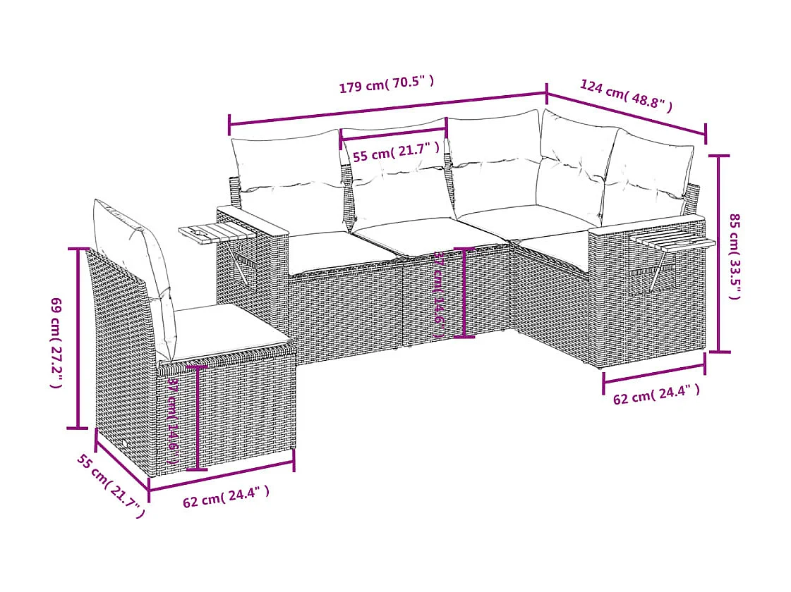 Salon de jardin 5 pcs avec coussins noir résine tressée FR52639