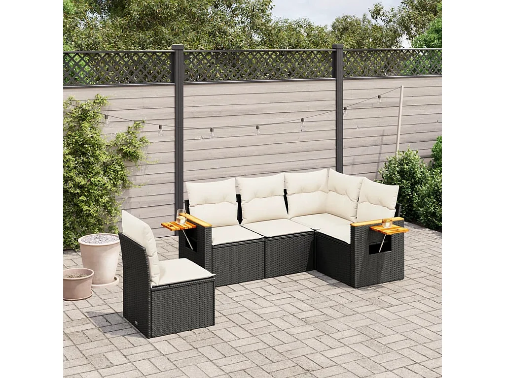 5-delige Loungeset met kussens poly rattan zwart BE371516