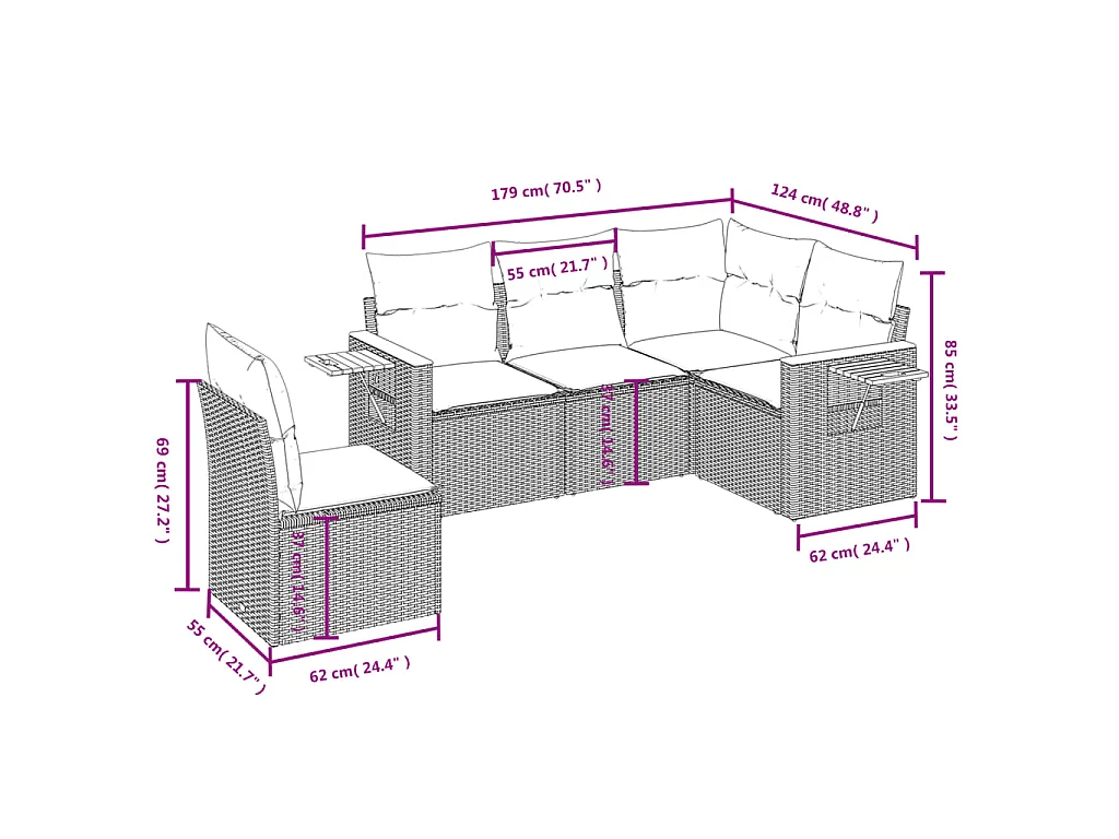 5-delige Loungeset met kussens poly rattan zwart BE371516