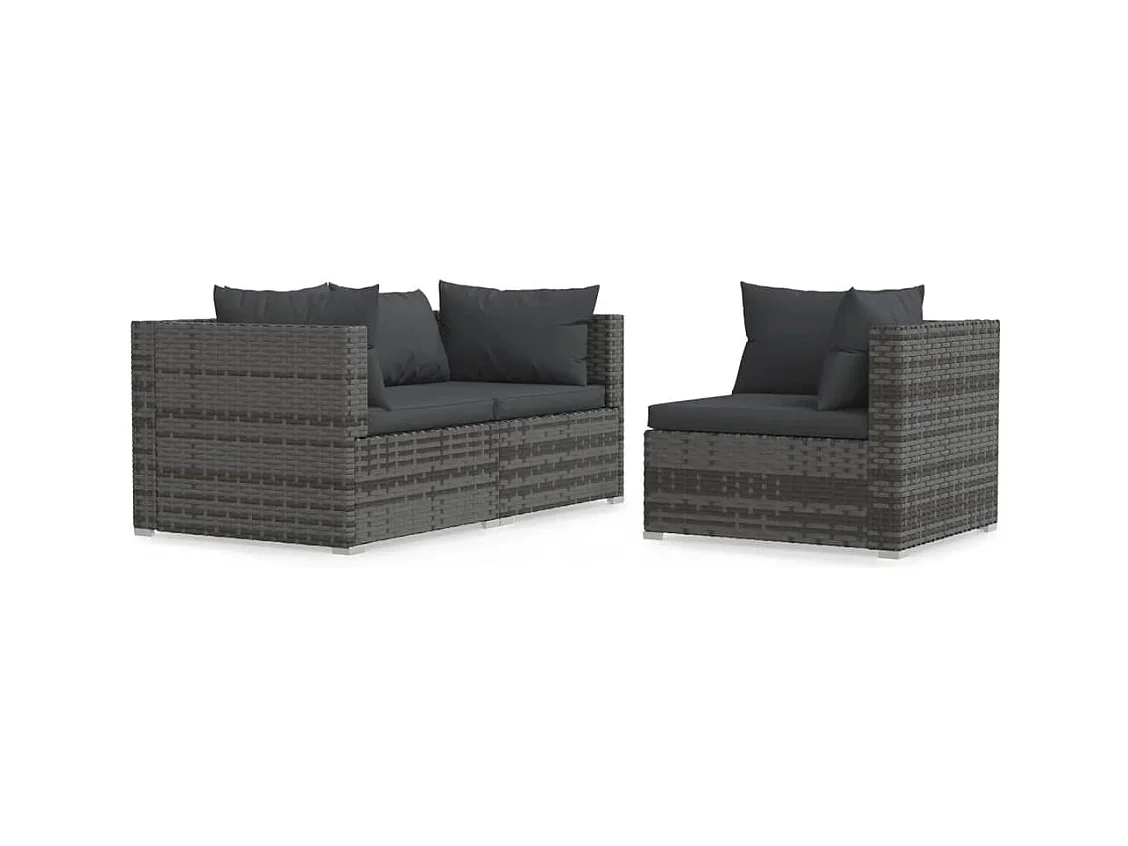 Salon de jardin 3 pcs avec coussins Gris Résine tressée FR73463