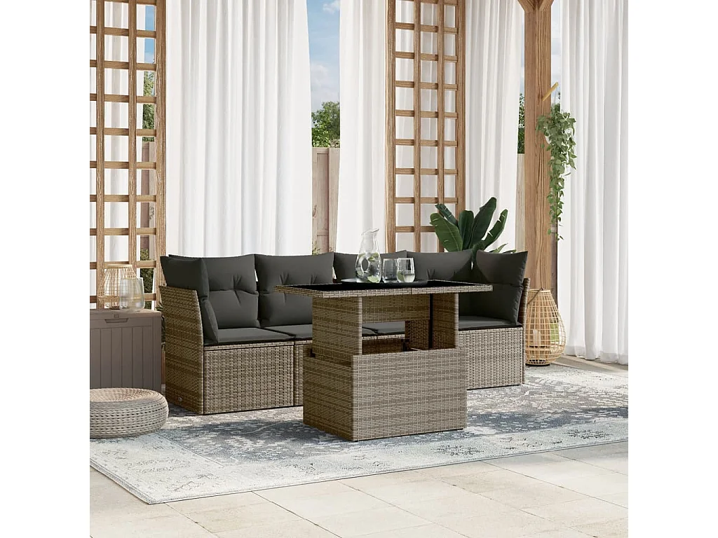 5 pcs conjunto sofás de jardim c/ almofadões vime PE cinzento PT524360