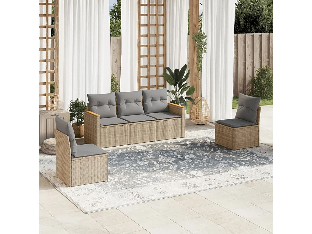 5-delige Loungeset met kussens poly rattan beige BE433451