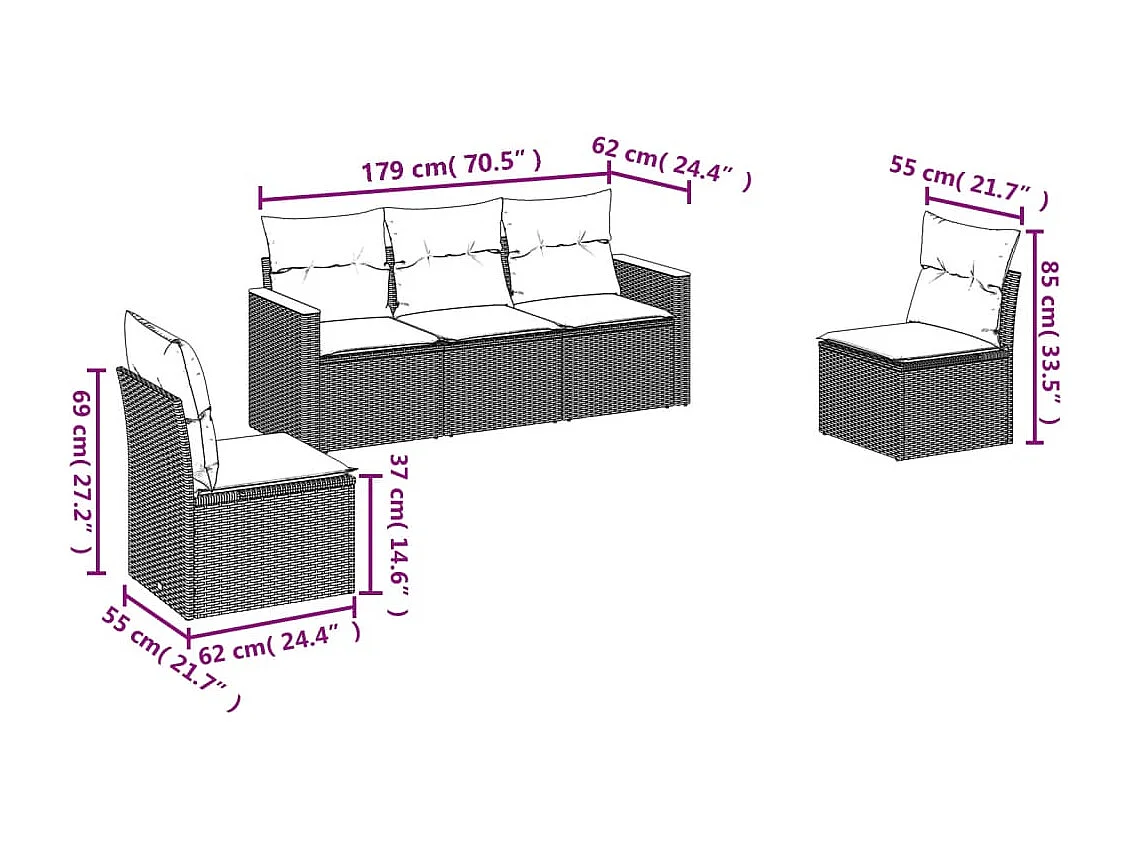 5-delige Loungeset met kussens poly rattan beige BE433451
