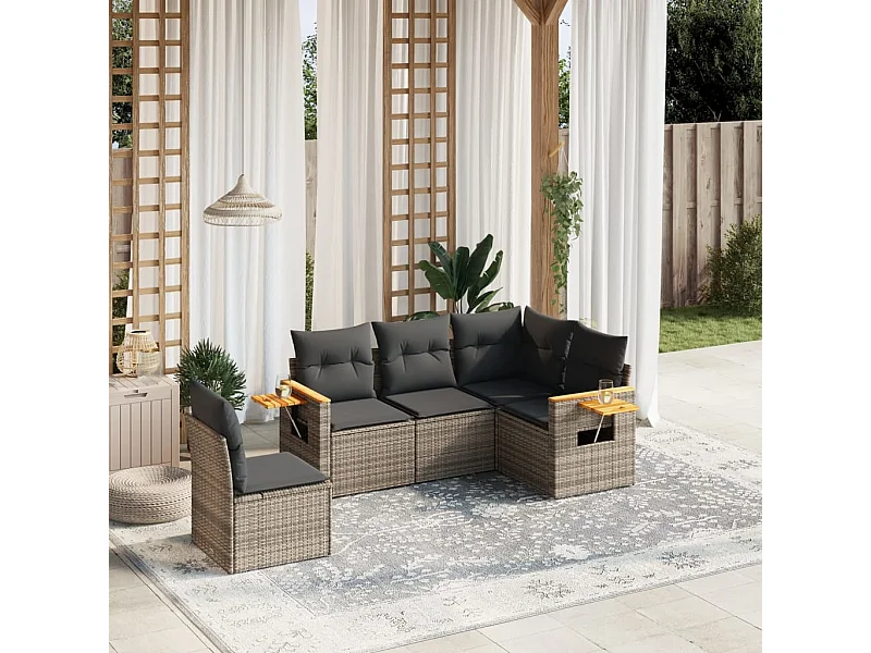 Salon de jardin 5 pcs avec coussins gris résine tressée FR76057