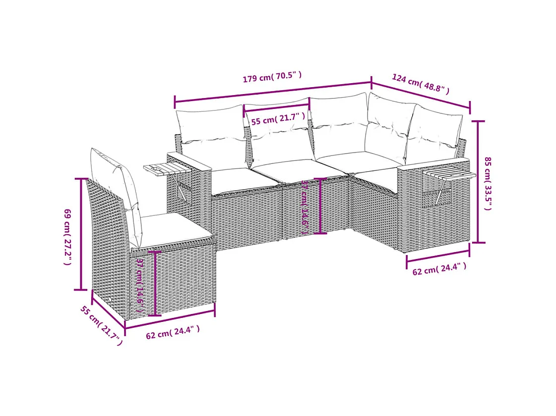 Salon de jardin 5 pcs avec coussins gris résine tressée FR76057