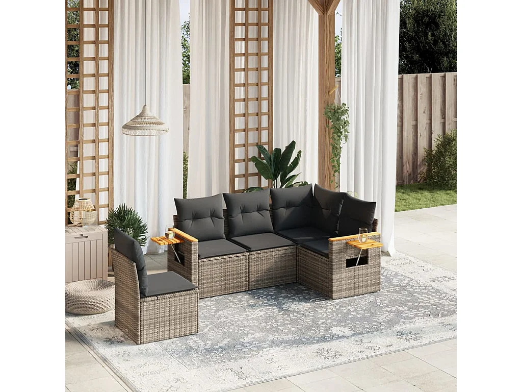 Salon de jardin 5 pcs avec coussins gris résine tressée FR76057