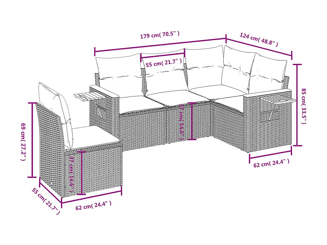 Salon de jardin 5 pcs avec coussins gris résine tressée FR76057