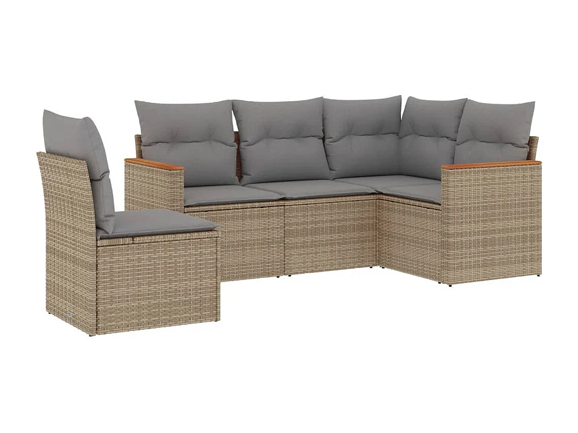 5 pcs conj. sofás jardim c/ almofadões vime PE bege misturado PT394653