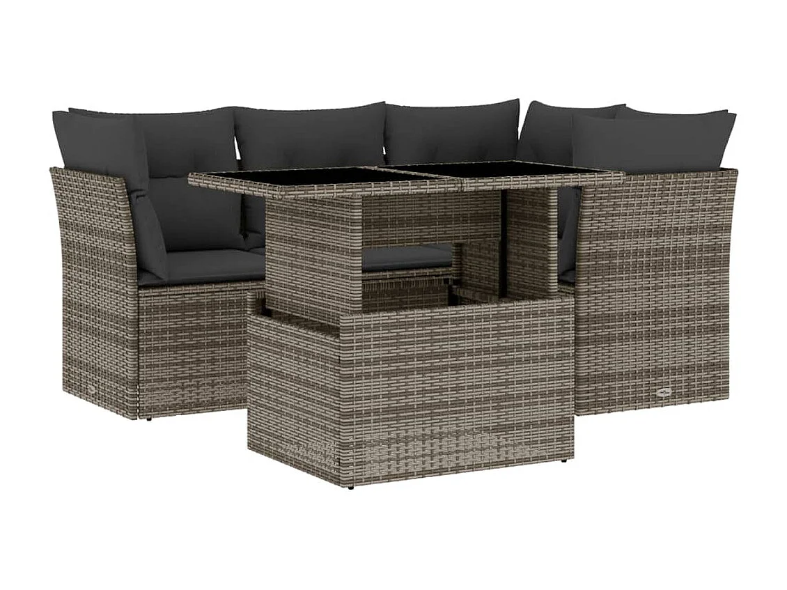 5 pcs conjunto sofás de jardim c/ almofadões vime PE cinzento PT861831