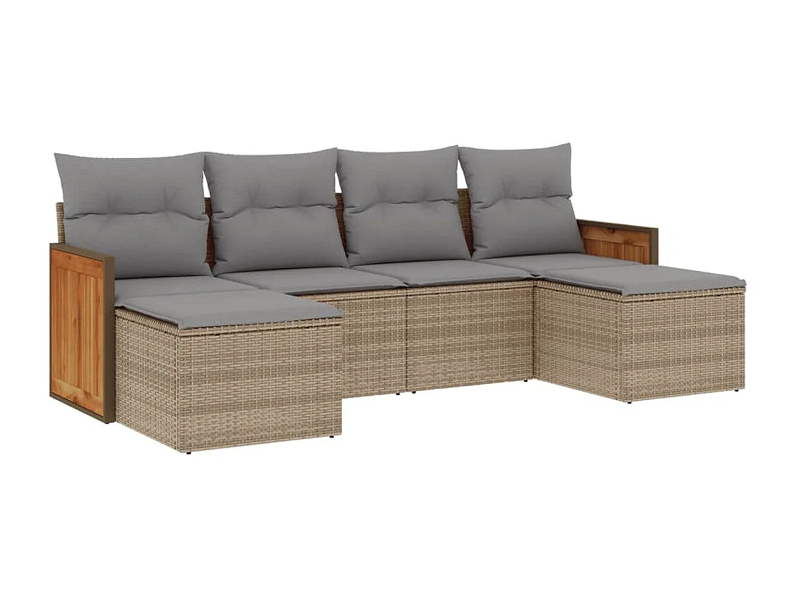 6 pcs conjunto de sofás p/ jardim com almofadões vime PE bege PT267437