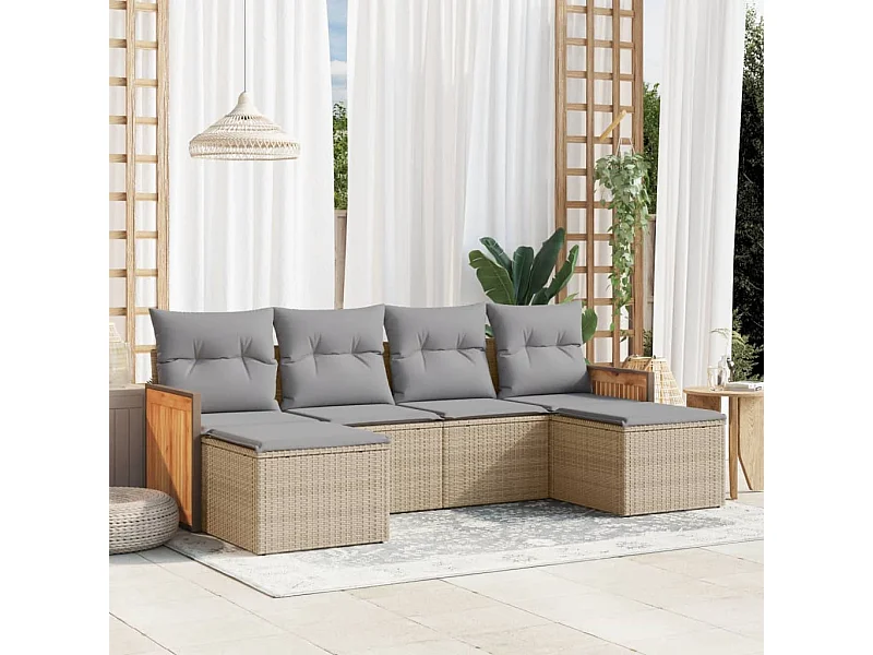 6 pcs conjunto de sofás p/ jardim com almofadões vime PE bege PT267437