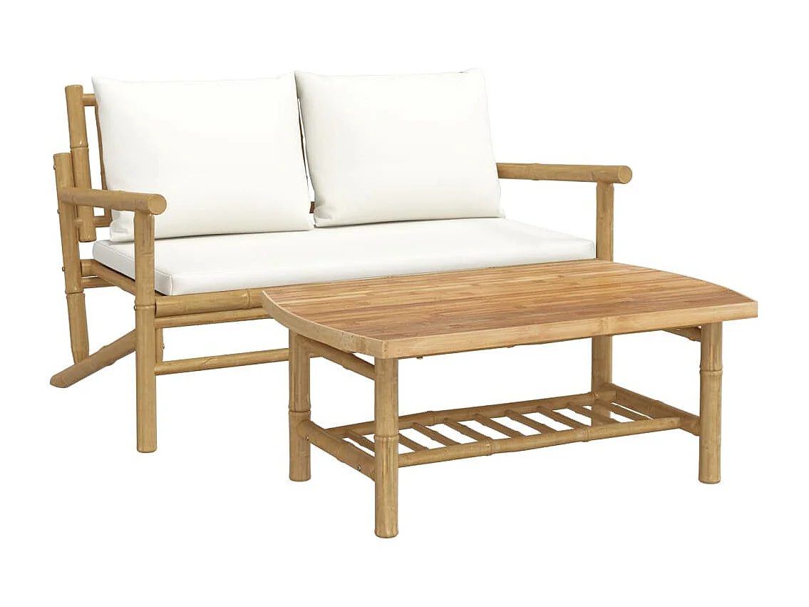 Salon de jardin 2 pcs avec coussins blanc crème bambou FR47256