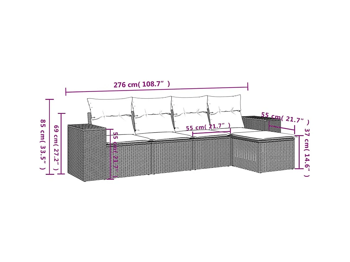 5 pcs conjunto de sofás p/ jardim com almofadões vime PE bege PT409976