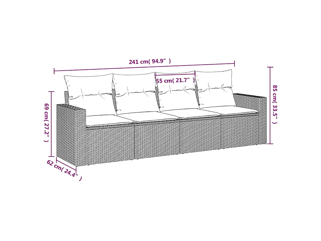 4 pcs conjunto de sofás para jardim c/ almofadões vime PE preto PT116391