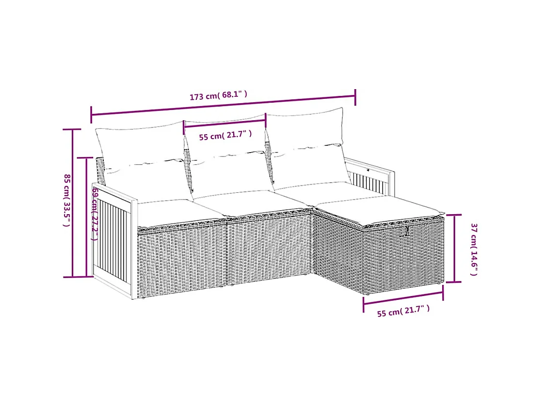 4 pcs conjunto sofás de jardim c/ almofadões vime PE cinzento PT113842