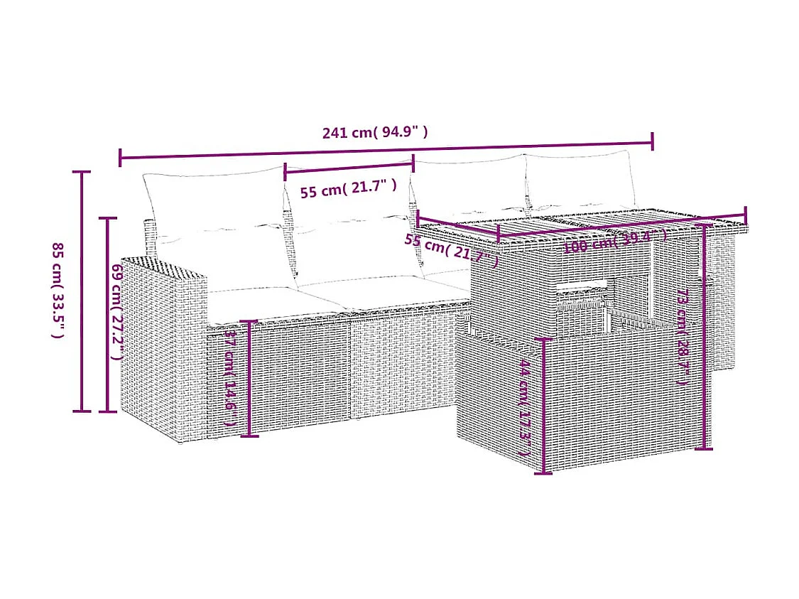 5 pcs conjunto sofás de jardim c/ almofadões vime PE cinzento PT320799