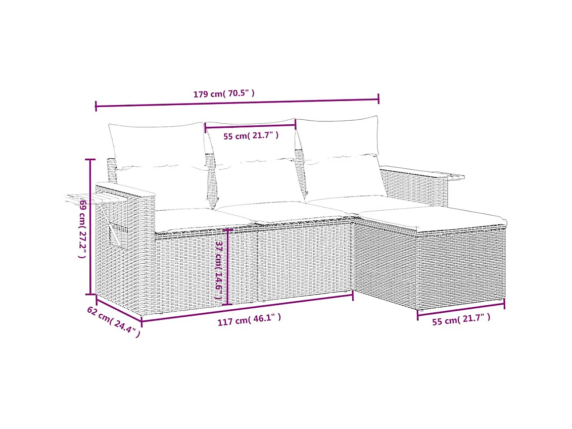 Salon de jardin 4 pcs avec coussins gris résine tressée FR12298
