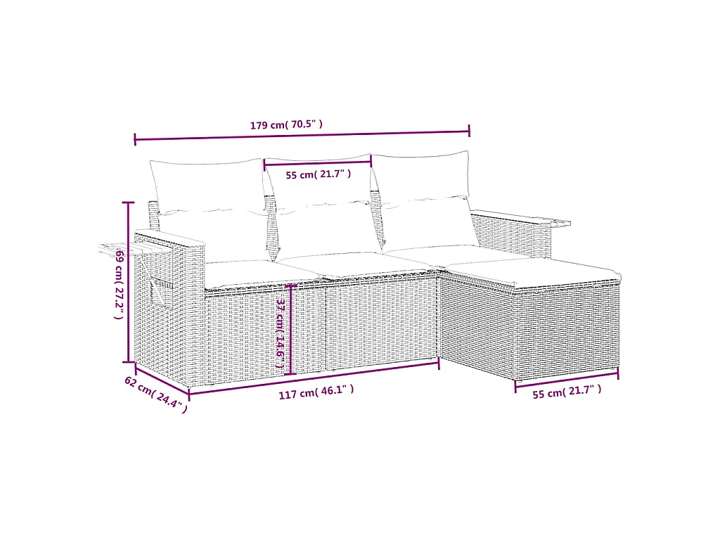 4 pcs conjunto sofás de jardim c/ almofadões vime PE cinzento PT842915