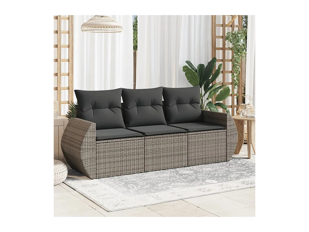 3 pcs conjunto sofás de jardim c/ almofadões vime PE cinzento PT550951