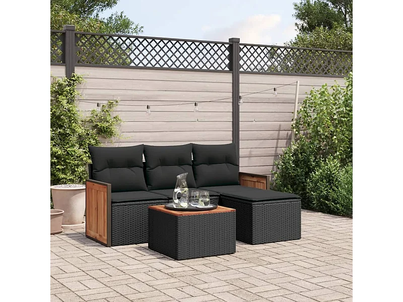 Salon de jardin 5 pcs avec coussins noir résine tressée FR80608
