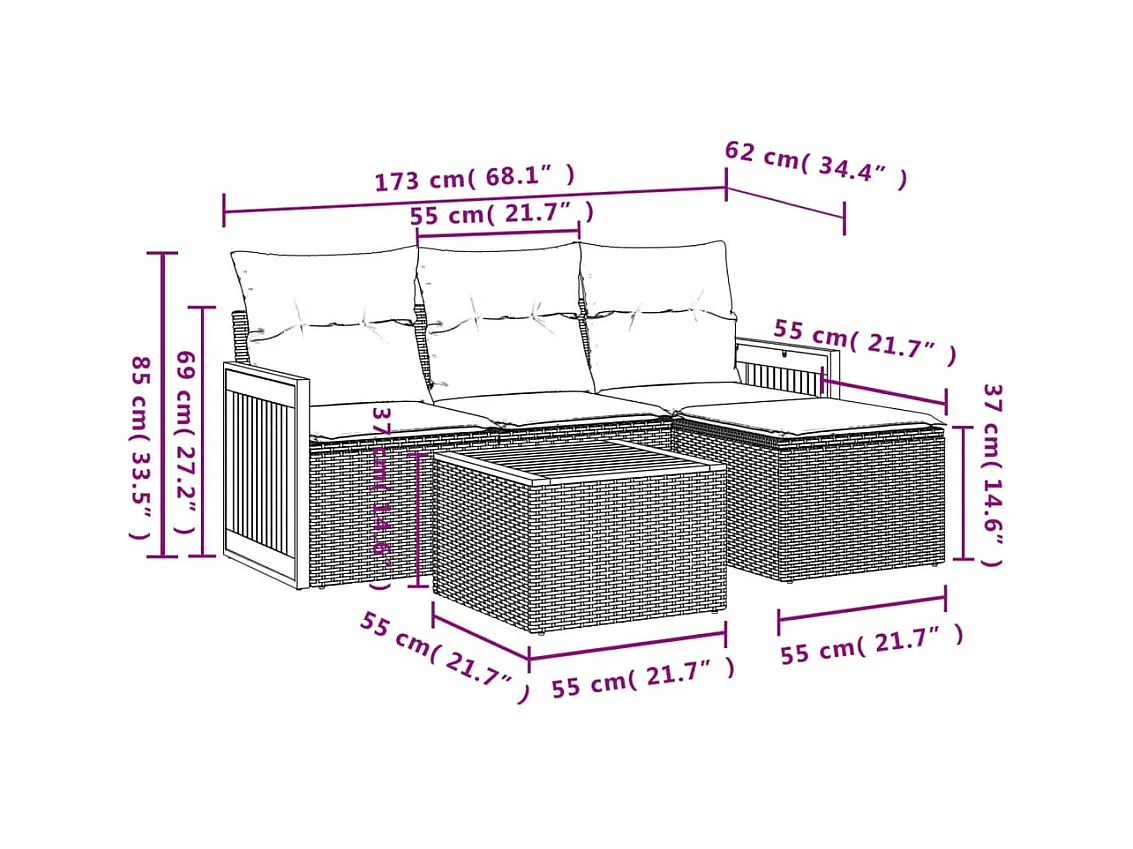 5 pcs conjunto sofás de jardim com almofadões vime PE preto PT593209